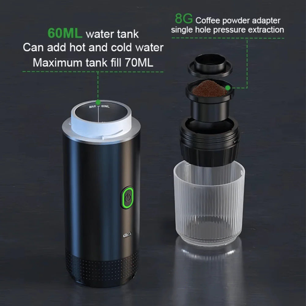 Portable espresso machine with 60ml water tank and 8g coffee powder adapter for rich flavor brewing