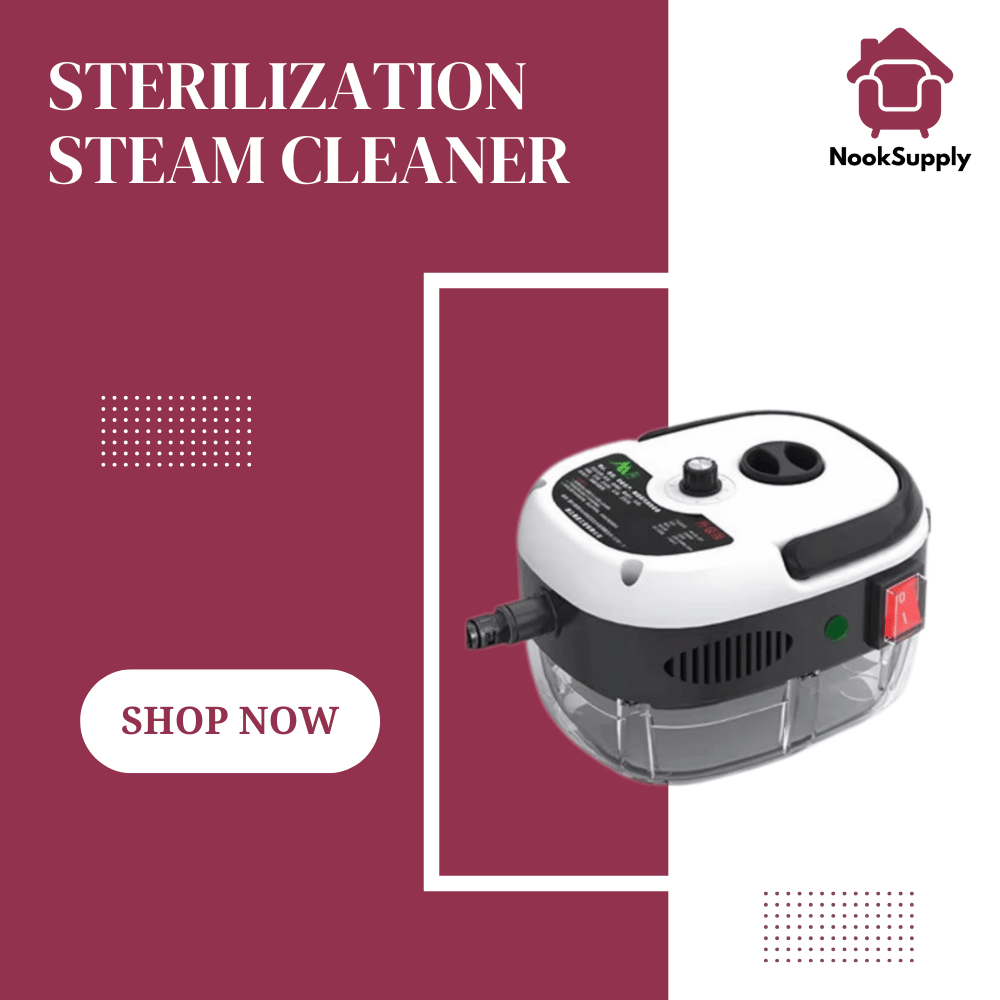 Sterilization steam cleaner with 'NookSupply' branding on a maroon background