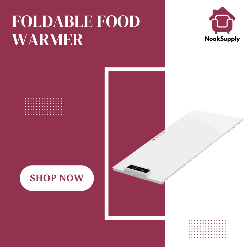 Foldable food warmer with NookSupply logo on a maroon background