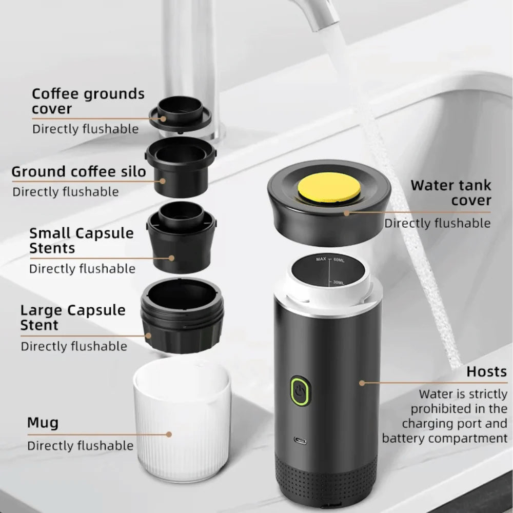 Compact 3-in-1 portable espresso maker with multiple capsule adapters and washable coffee parts