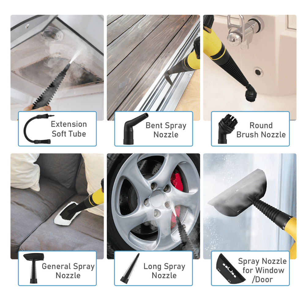 Multifunctional cleaning tool with various nozzles used on different surfaces.