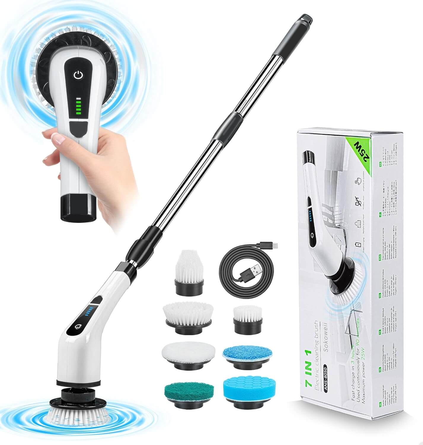 Portable cleaning tool with attachments and packaging on a white background