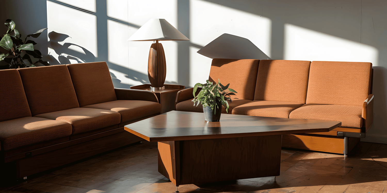 Modern living room with brown sectional sofa, coffee table, and lamp.
