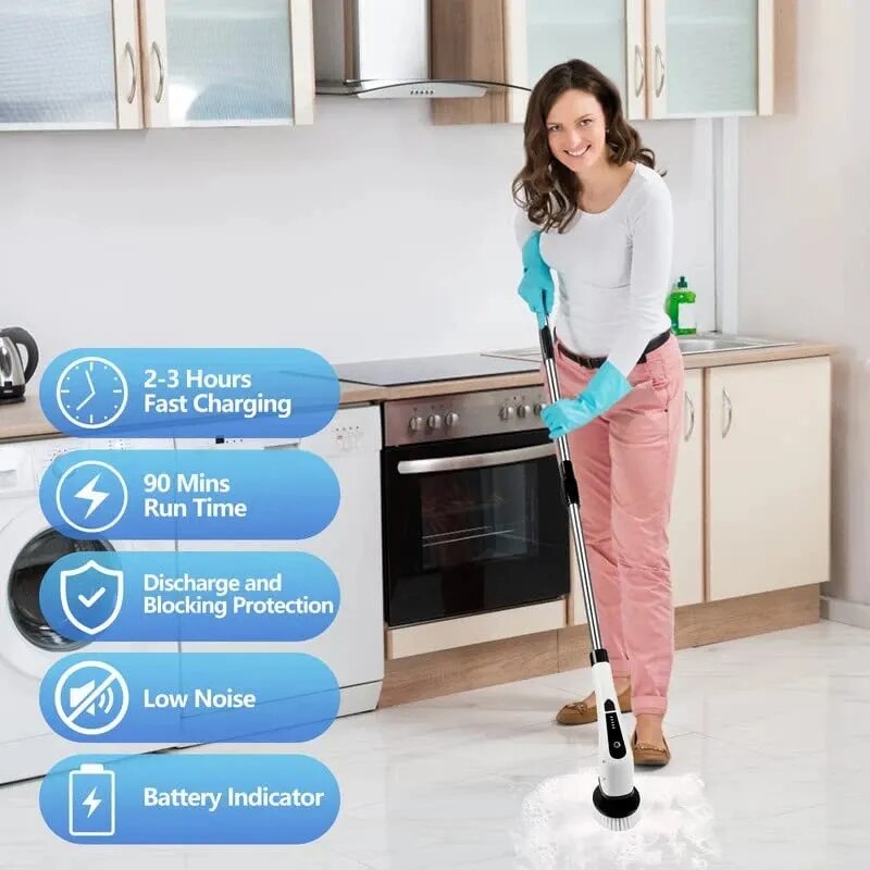 Woman cleaning a kitchen with a mop, featuring text about the mop's features.