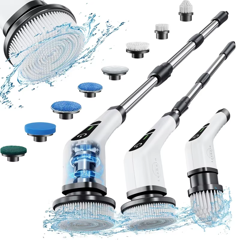 Cleaning tool with multiple attachments and water splashes on a white background