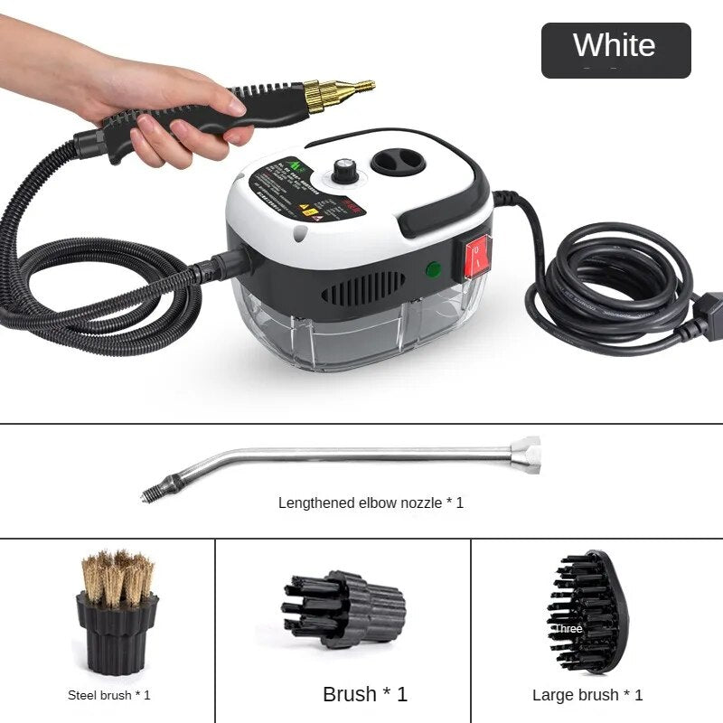 White pressure washer with various nozzles and attachments on a white background