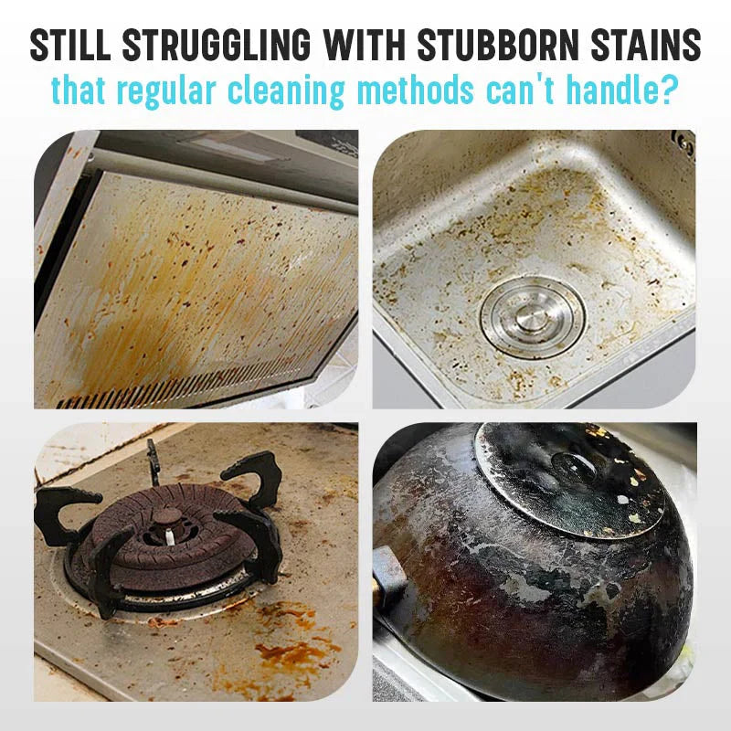 Collage of dirty kitchen appliances with text about stubborn stains.