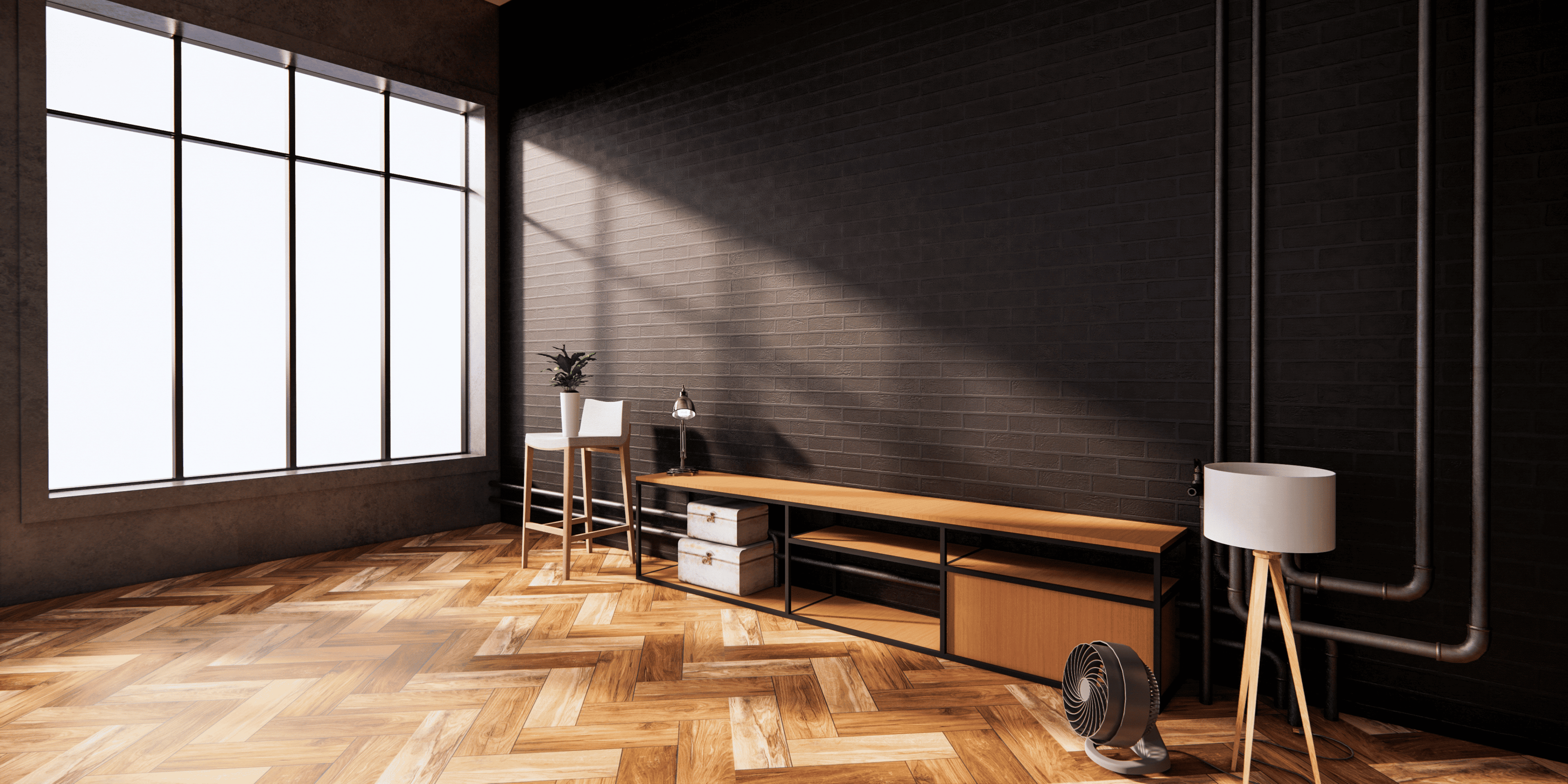 Modern living room with wooden floor, large window, and minimal decor.