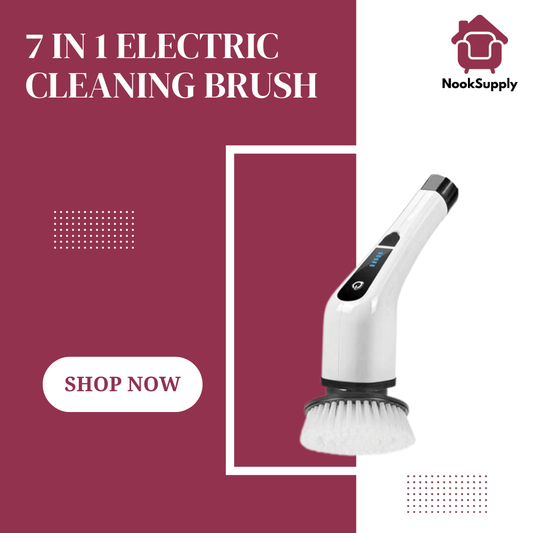 7-in-1 electric cleaning brush with NookSupply logo on a maroon background