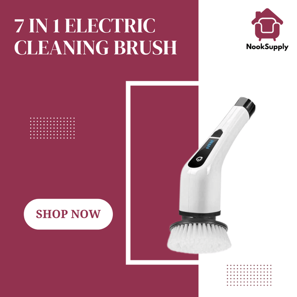 7-in-1 electric cleaning brush with NookSupply logo on a maroon background