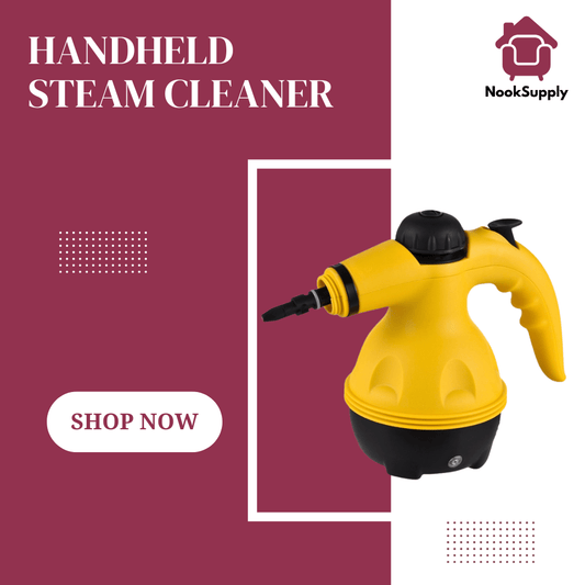 Handheld steam cleaner with 'NookSupply' branding on a maroon background