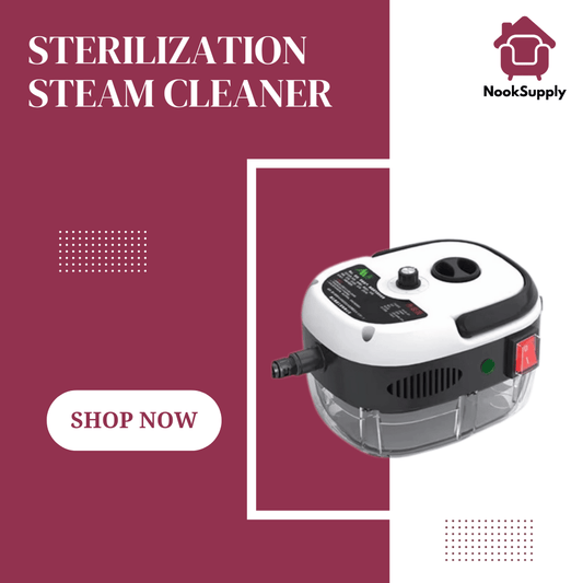 Sterilization steam cleaner with 'NookSupply' branding on a maroon background