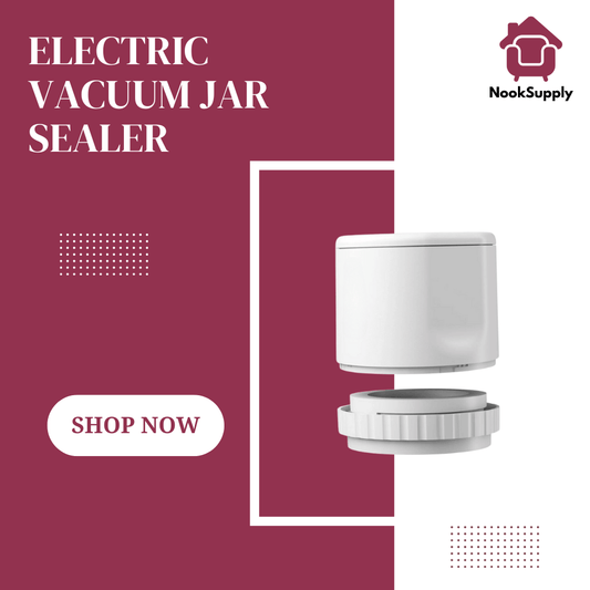 Electric vacuum jar sealer with 'NookSupply' branding on a maroon background