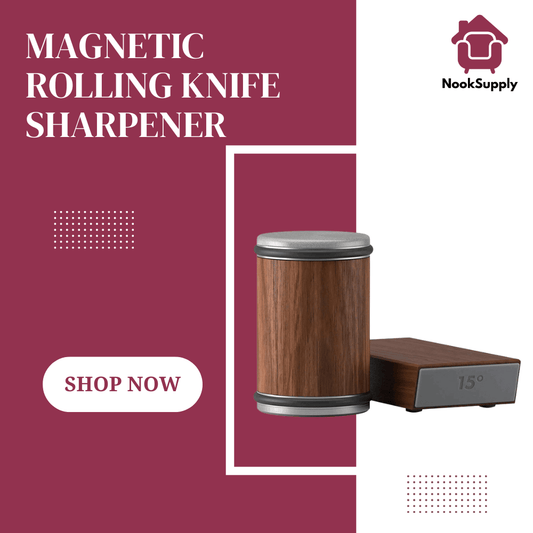 Magnetic rolling knife sharpener with wooden design on a maroon background, featuring the NookSupply brand.