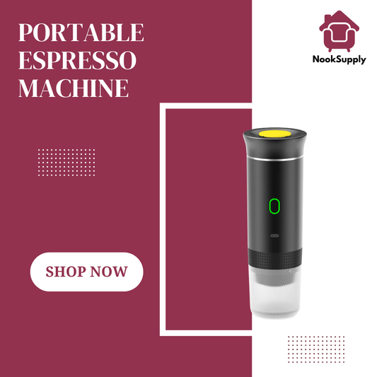 Portable espresso machine with NookSupply logo on a red background