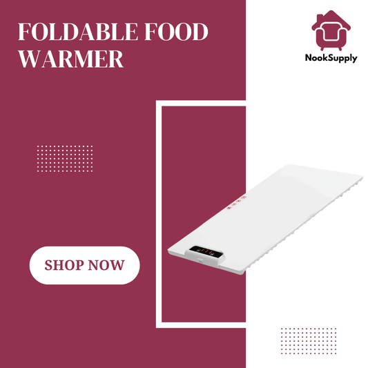 Foldable food warmer with NookSupply logo on a maroon background