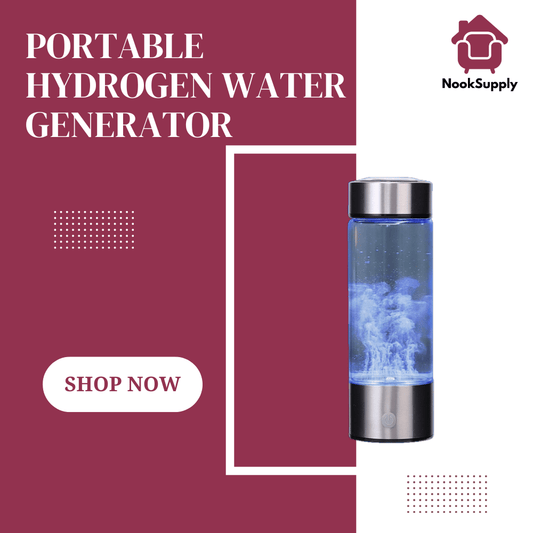 Portable hydrogen water generator with NookSupply logo on a maroon background