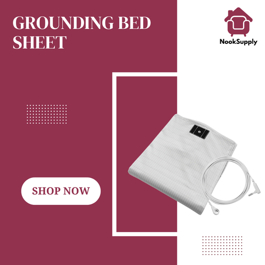 Grounding bed sheet with cable on a maroon background, featuring NookSupply brand.