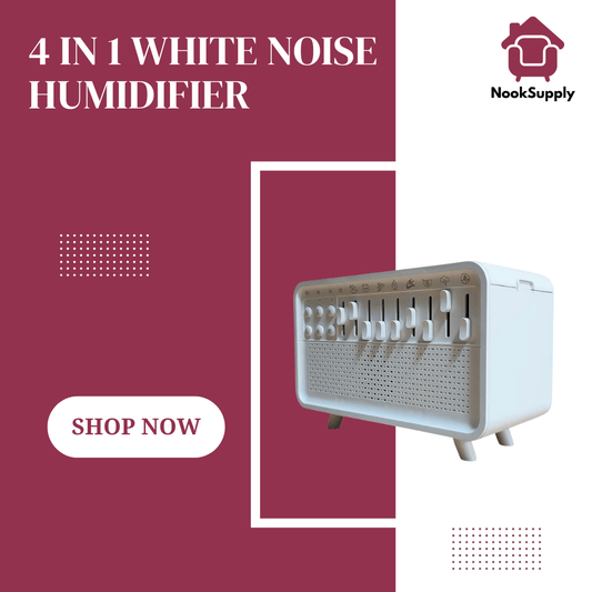 4-in-1 white noise humidifier with NookSupply branding on a pink background