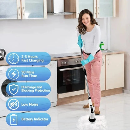 Woman cleaning a kitchen with a mop, featuring text about the mop's features.
